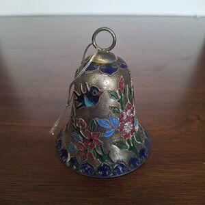 CLOISONNE BELL ENAMELED MULTICOLOR FLORAL TWISTED WIRE GOLD TONE W/HANGER
